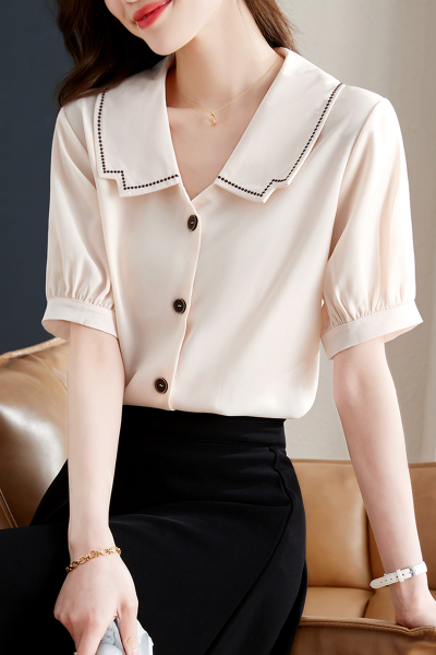 RM21029#短袖娃娃脸雪纺衬衫女上衣新款洋气减龄薄款气质小衫