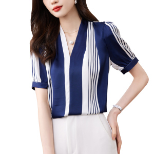 RM15805#夏季新款韩版百搭V领短袖条纹衬衫女上衣送项链