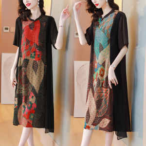 RM11756#夏季新款大码复古天丝印花连衣裙宽松假两件优雅气质民族风中长裙