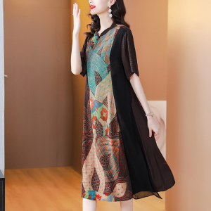 RM11756#夏季新款大码复古天丝印花连衣裙宽松假两件优雅气质民族风中长裙