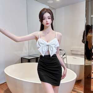 Bow knot patchwork mesh hollowed out wrap hip strap dress for women's short skirt