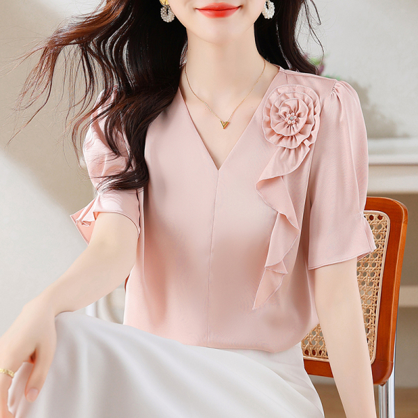RM11592#夏季新款V领短袖雪纺衫醋酸缎面女士上衣洋气衬衫显瘦遮肚紫