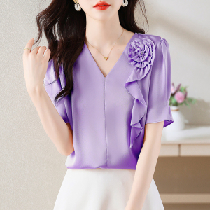 RM11592#夏季新款V领短袖雪纺衫醋酸缎面女士上衣洋气衬衫显瘦遮肚紫