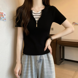 TR45356# 假两件上衣女夏新款修身设计感薄款冰丝短袖T恤针织衫 服装批发女装批发服饰货源