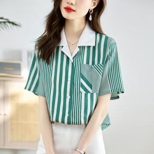 RM18151#夏季条纹拼色短袖减龄绿色宽松薄款透气V领女款洋气衬衫