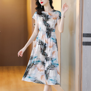 RM14201#重磅真丝连衣裙女夏季2023年新款轻奢减龄水墨印花修身桑蚕丝裙子