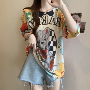 TR35127# ~大码女装韩版夏季新款全身印花T恤宽松蝙蝠袖冰丝针织衫上衣 服装批发女装批发服饰货源