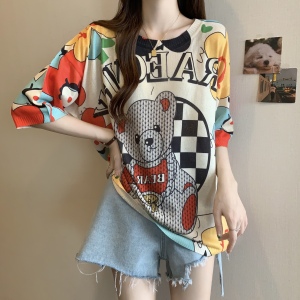 TR35127# ~大码女装韩版夏季新款全身印花T恤宽松蝙蝠袖冰丝针织衫上衣 服装批发女装批发服饰货源