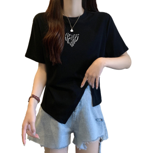 RM11330#大码女装设计感夏季新款T恤短袖不规则显瘦遮肚子百搭上衣