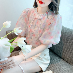 RM12879#新中式国风盘扣泡泡袖雪纺衫夏法式甜美碎花气质上衣女