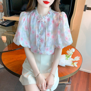 RM12879#新中式国风盘扣泡泡袖雪纺衫夏法式甜美碎花气质上衣女