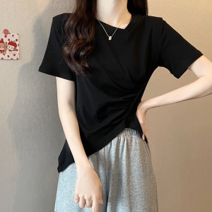 RM15458#包边大码女装胖mm黑色不规则短袖T恤上衣M-4XL200斤