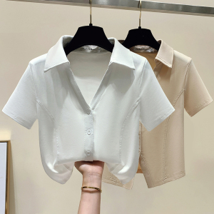 RM19633#白色短袖t恤女2023年修身polo领高腰短款上衣