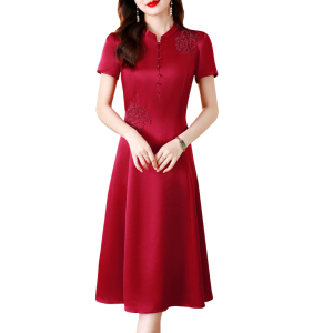 RM16838#喜婆婆真丝连衣裙女夏季2023新款红色中老年妈妈婚宴装桑蚕丝裙子