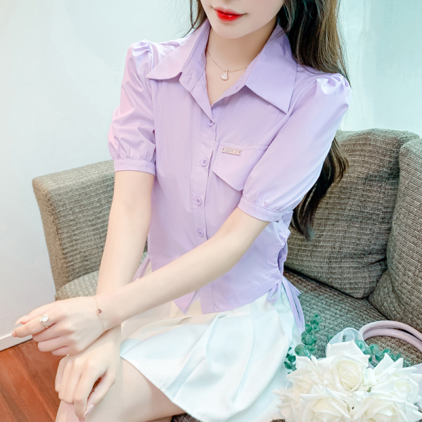 RM11605#夏新款韩版polo领短袖衬衫女设计感小众短款上衣时尚减龄小...