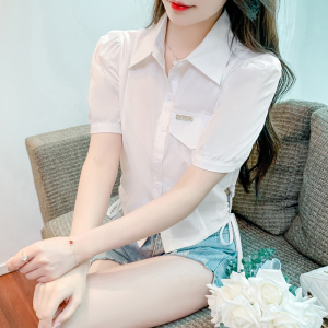 RM11605#夏新款韩版polo领短袖衬衫女设计感小众短款上衣时尚减龄小衫