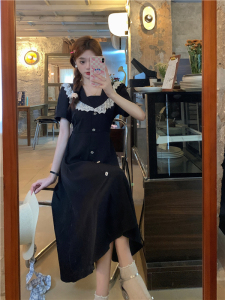 RM11495#大码女装胖MM蕾丝花边领黑色连衣裙