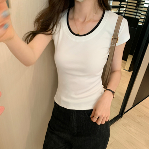 RM16756#纯欲风U领短袖T恤女设计感圆领短款修身显瘦百搭短款上衣