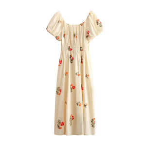 RM16164#夏季新款法式泡泡袖褶皱圆领修身别致花朵刺绣桔梗裙