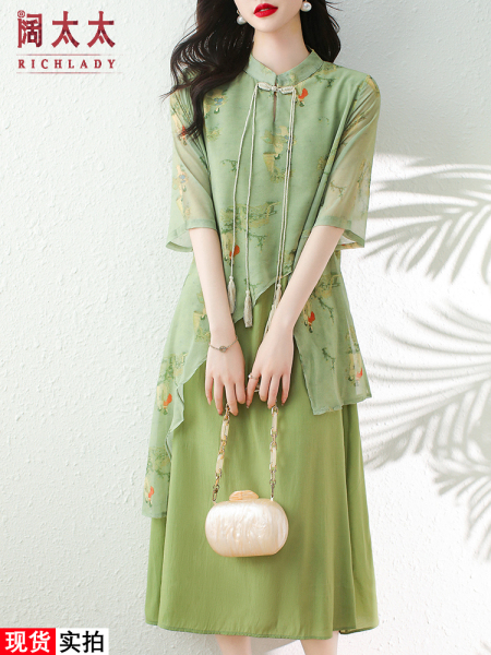 RM14347#夏季新款复古民族风新中式宽松旗袍假两件套中老年连衣裙