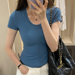 RM16757#韩式v领纯棉T恤衫2023夏季新款设计感显瘦高腰上衣