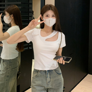 RM10754#白色性感短袖t恤女夏季小心机别致法式体恤韩版短款正肩上衣