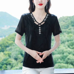 TR30616# 韩版黑色t恤女夏季新款性感v领女装上衣气质收腰短袖小衫夏天
