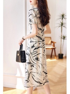 RM14032#V领印花优雅连衣裙女2023年夏季新款收腰雪纺气质显瘦裙子