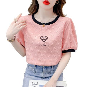 RM14272#夏季新款提花蕾丝上衣女时尚洋气气质拼色刺绣圆领短袖