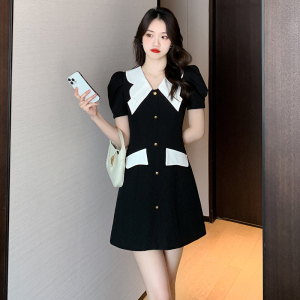 RM13265#夏季新款时尚拼接黑白小香风修身气质A字连衣裙