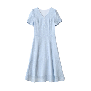 TR32013# 蓝色高级感连衣裙女夏季新款小个子收腰显瘦V领网纱气质裙子 服装批发女装批发服饰货源