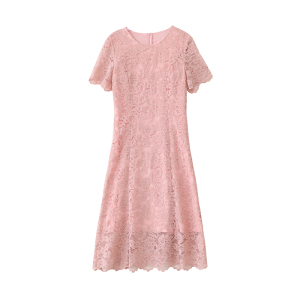 TR33191# 新款夏粉色裙子修身蕾丝裙优雅收腰时尚短袖连衣裙 服装批发女装批发服饰货源