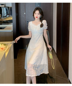 RM12954#新款温柔风法式v领浪漫收腰显瘦刺绣蕾丝雪纺仙女连衣裙