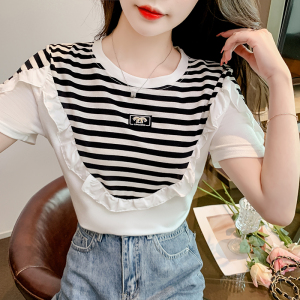 TR30339# 木耳边纯棉短袖T恤女夏装新款条纹拼接宽松减龄上衣打底小衫 服装批发女装批发服饰货源