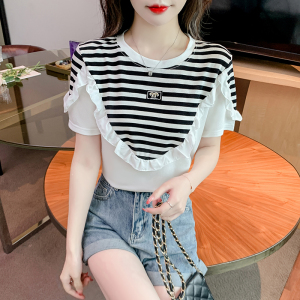 TR30339# 木耳边纯棉短袖T恤女夏装新款条纹拼接宽松减龄上衣打底小衫 服装批发女装批发服饰货源