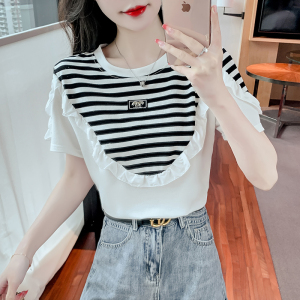 TR30339# 木耳边纯棉短袖T恤女夏装新款条纹拼接宽松减龄上衣打底小衫 服装批发女装批发服饰货源