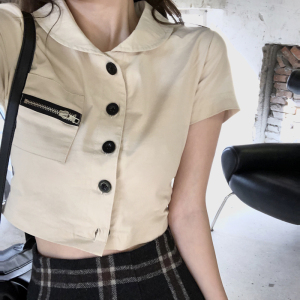 RM10746#复古chic衬衣设计感小众修身短款工装风短袖衬衫女