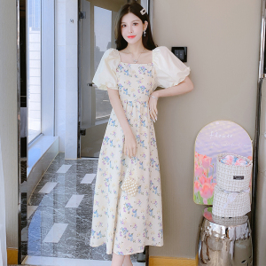 RM11071#夏季新款印花连衣裙女泡泡袖甜美小清新少女感法式长裙