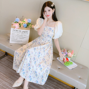 RM11071#夏季新款印花连衣裙女泡泡袖甜美小清新少女感法式长裙