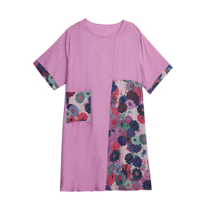 RM15913#大码宽松连衣裙2023夏季新款简约圆领植物花卉拼接遮肉中长款裙子