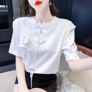 RM10952#短袖花朵T恤重工设计感洋气修身简约圆领夏装新款修身百搭