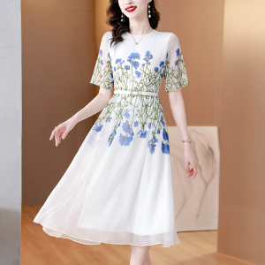 RM11883#夏季女装2023新款气质白色短袖收腰显瘦印花雪纺连衣裙长裙女