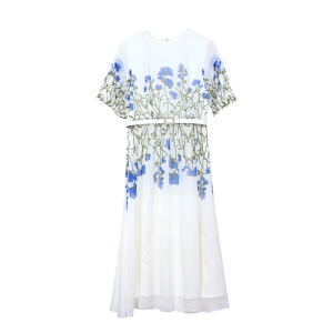 RM11883#夏季女装2023新款气质白色短袖收腰显瘦印花雪纺连衣裙长裙女