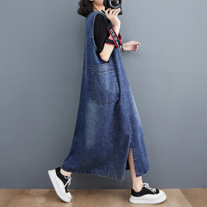 TR38813# 欧洲站复古文艺蓝色牛仔连衣裙女无袖中长A版裙 服装批发女装批发服饰货源