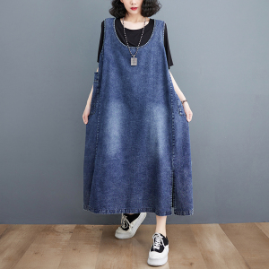 TR38813# 欧洲站复古文艺蓝色牛仔连衣裙女无袖中长A版裙 服装批发女装批发服饰货源