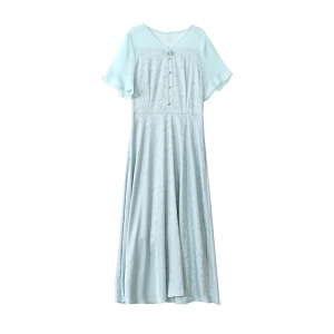 RM11726#新款夏季淡蓝色新中式仙气国风盘扣V领短袖雪纺裙子连衣裙