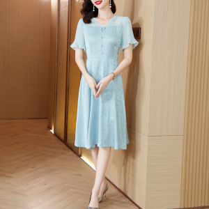 TR31906# 新款夏季淡蓝色新中式仙气国风盘扣V领短袖雪纺裙子连衣裙