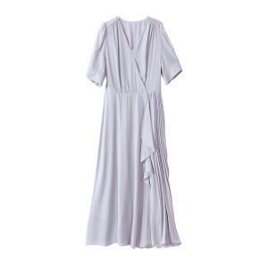TR31917# 紫色法式雪纺连衣裙女夏季新款中长压褶V领时尚流行
