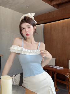 TR37423# ~设计感纯欲辣妹一字肩荷叶边拼色短款吊带女 服装批发女装批发服饰货源