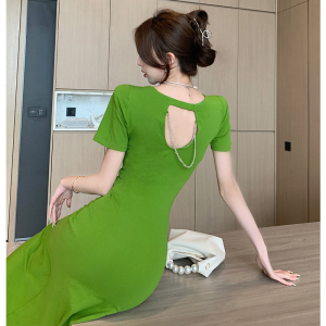 RM11432#茶歇桔梗法式短袖收腰显瘦方领带钻露背连衣裙女气质开叉包臀裙夏